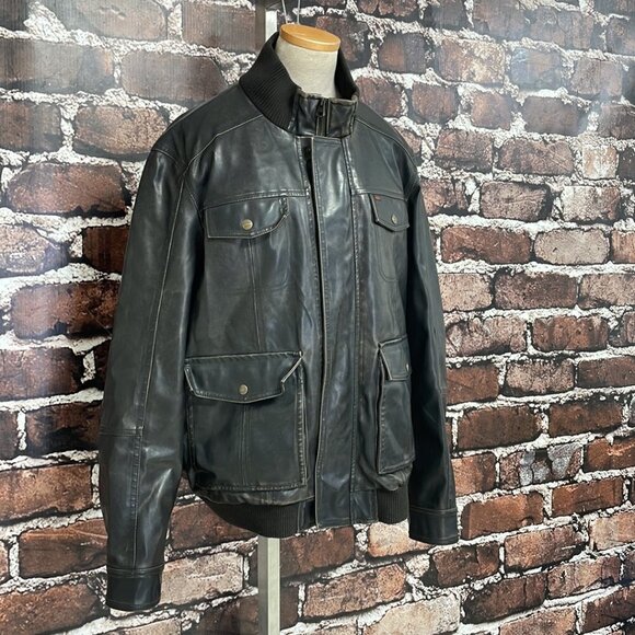 Levi's Faux Leather Distressed Aviator Jacket Pockets Vent Brown Size X Large XL - Picture 6 of 16